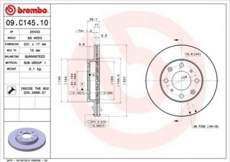 Купить Диск тормозной Honda Jazz BREMBO 09.C145.10 (фото1) подбор по VIN коду, цена 570 грн.