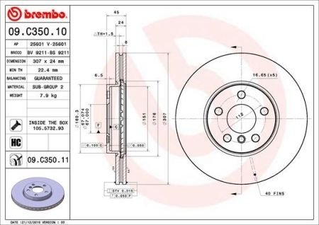 Тормозной диск BMW F45, F46, Mini Clubman, BMW X1, Mini Countryman, BMW X2, F40, F44 BREMBO 09.C350.11