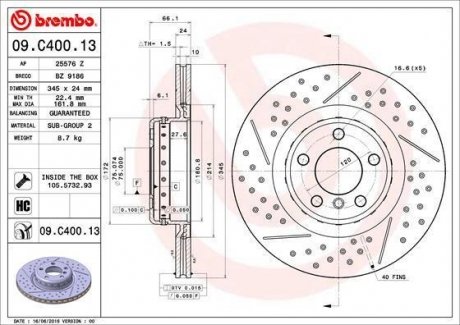 Купить Тормозной диск BMW F20, F30, F32, F21, F34, F31, F22, F36, F23, F33 BREMBO 09.C400.13 (фото1) подбор по VIN коду, цена 8349 грн.