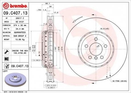 Купити Гальмівний диск BMW F01, F04, F11, F10, F12, F07 BREMBO 09.C407.13 (фото1) підбір по VIN коду, ціна 11173 грн.