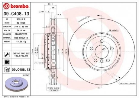 Купити Гальмівний диск BMW F01, F04, F11, F10, F12, F07 BREMBO 09.C408.13 (фото1) підбір по VIN коду, ціна 11171 грн.