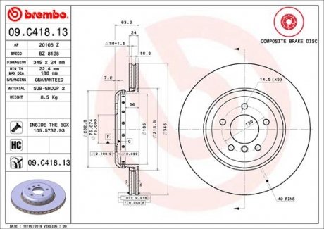 Тормозной диск BMW E63, E60, E61, E64 BREMBO 09.C418.13