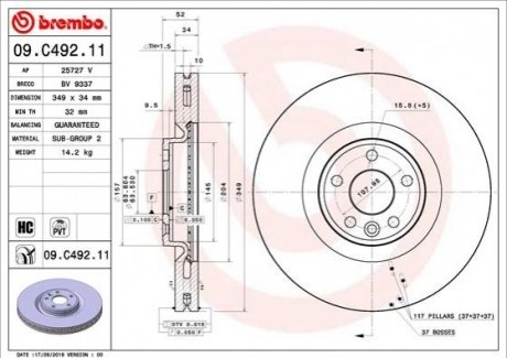 Диск тормозной Land Rover Discovery, Range Rover BREMBO 09.C492.11