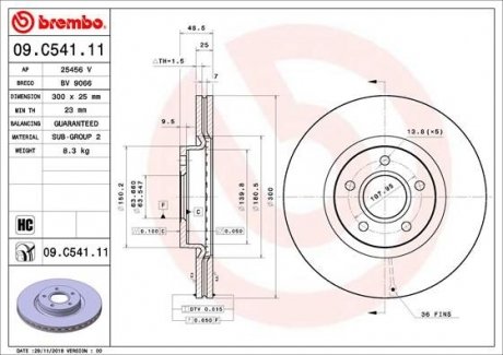 Купити Диск гальмівний Ford Connect, Transit, Kuga BREMBO 09.C541.11 (фото1) підбір по VIN коду, ціна 2363 грн.