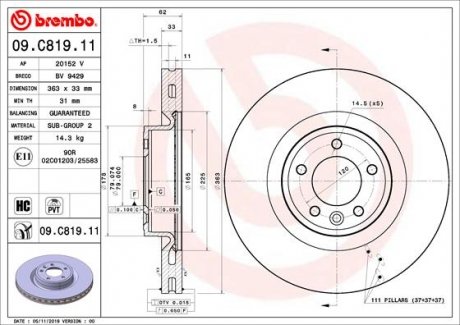 Тормозной диск Land Rover Range Rover, Discovery BREMBO 09.C819.11