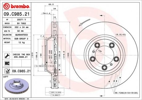 Купити Гальмівний диск Porsche Panamera, Cayenne BREMBO 09.C985.21 (фото1) підбір по VIN коду, ціна 6277 грн.