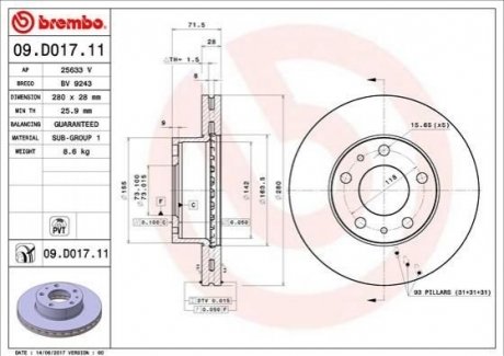 Тормозной диск Fiat Ducato, Peugeot Boxer, Citroen Jumper BREMBO 09.D017.11