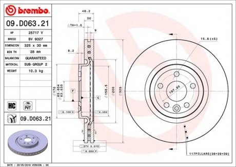 Купити Гальмівний диск BREMBO 09.D063.21 (фото1) підбір по VIN коду, ціна 4940 грн.