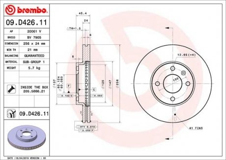 Купить Тормозной диск Chevrolet Aveo BREMBO 09.D426.11 (фото1) подбор по VIN коду, цена 2801 грн.