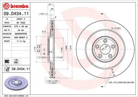 Купить Тормозной диск BREMBO 09.D434.11 (фото1) подбор по VIN коду, цена 5243 грн.