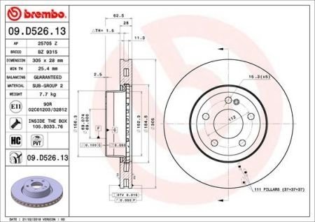 Тормозной диск Mercedes W205, S205, C205, W213, S213, A124, A207, A238 BREMBO 09.D526.13