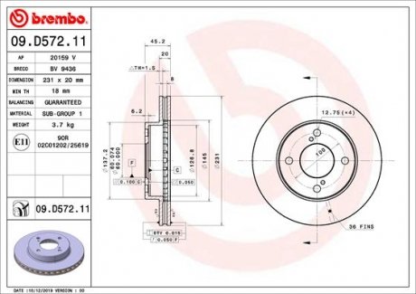 Купити Гальмівний диск BREMBO 09.D572.11 (фото1) підбір по VIN коду, ціна 1883 грн.