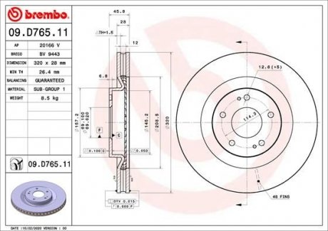 Купить Тормозной диск Mitsubishi Eclipse Cross BREMBO 09.D765.11 (фото1) подбор по VIN коду, цена 3127 грн.