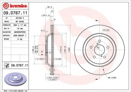 Купить Тормозной диск BREMBO 09.D767.11 (фото1) подбор по VIN коду, цена 2830 грн.