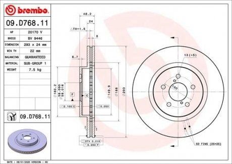 Купить Тормозной диск BREMBO 09.D768.11 (фото1) подбор по VIN коду, цена 3299 грн.