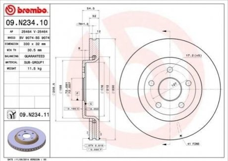 Купить Тормозной диск Jeep Grand Cherokee BREMBO 09.N234.11 (фото1) подбор по VIN коду, цена 3574 грн.