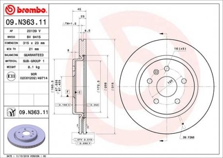 Купить Тормозной диск BREMBO 09.N363.11 (фото1) подбор по VIN коду, цена 4663 грн.