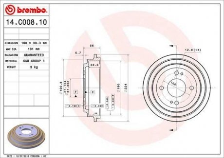 Купить Тормозной барабан Honda Jazz BREMBO 14.C008.10 (фото1) подбор по VIN коду, цена 1277 грн.