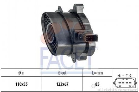 Витратомір повітря BMW 3(E46/E90)/ 5(E60)/X3(E83) 2.0D/2.5D/3.0D 03-11 BMW E46, X3, E65, E66, E93, X5, E60, E61, E81, E90, E91, E92 FACET 10.1005