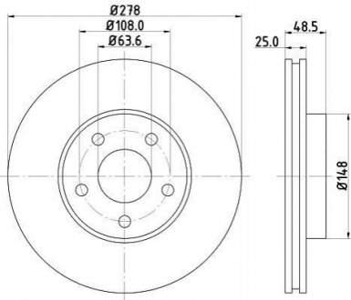 Диск гальмівний перед. Ford Focus II 04-/ C-Max 03-/Volvo S40/V50 04- (278 X 25) HELLA 8DD 355 112-171