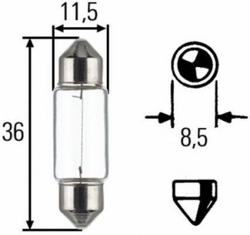 C5W 12V 5W Лампа розжарювання (блістер 2 шт.).)) STANDARD BMW E91, Dacia Logan, Renault Megane, Mitsubishi Carisma, KIA Ceed, Ford Mondeo, Citroen Jumper, Opel Zafira, Seat Toledo, BMW X3, Alfa Romeo GT HELLA 8GM 002 092-123