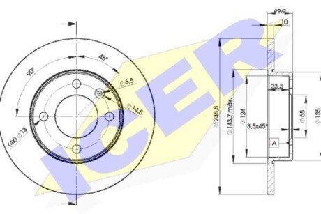 Диск гальмівний (передній) Audi 80 72-86/VW Passat/Golf 73-97/Polo 81-94 (239x10) (з покр.) (повний) ICER 78BD3325-2