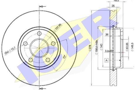 Купить Диск гальмівний (передній) Ford C-Max 07-10/Focus/Volvo C30/C70/S40 04-12 (278x25)(з покр.)(вент.) ICER 78BD3963-2 (фото1) подбор по VIN коду, цена 1388 грн.