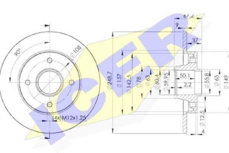 Диск гальмівний (задній) Citroen C4 04-/Peugeot 307 00- (249x9) (+ABS) (з підшипником) ICER 78BD4744-1