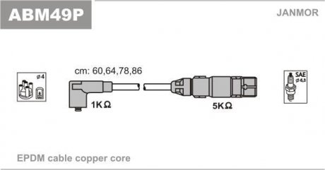 Провід в/в (каучук Copper) Audi A3 1.6/VW Bora 2.0 99-05/Caddy III 2.0 06-15/Golf IV 2.0 98-06 Audi A4, Volkswagen Sharan, Audi A3, Volkswagen Passat, Bora, Golf, Skoda Octavia, Volkswagen Touran, Caddy, Seat Altea, Toledo Janmor abm49p