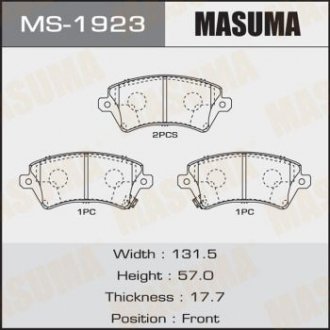 Купити Колодки гальмівні передні TOYOTA YARIS, TOYOTA COROLLA (06-14) Toyota Corolla MASUMA ms1923 (фото1) підбір по VIN коду, ціна 1165 грн.