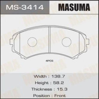 Купити Колодка гальмівна передня Mitsubishi Pajero (00-) Mitsubishi Pajero, Grandis MASUMA ms3414 (фото1) підбір по VIN коду, ціна 842 грн.