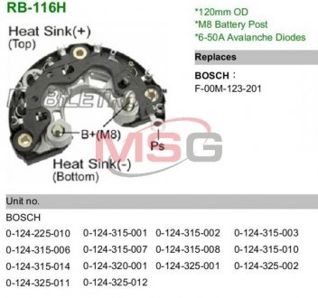 Випрямляч діодний Volkswagen Transporter, Audi A4, Volkswagen Sharan, Ford Galaxy, Volkswagen Polo, Caddy, Audi A3, Volkswagen Passat, Audi A6, Skoda Octavia, Volkswagen Golf MOBILETRON rb116h