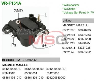 Купить Регулятор напряжения генератора Fiat Punto, Doblo MOBILETRON vrf151a (фото1) подбор по VIN коду, цена 509 грн.