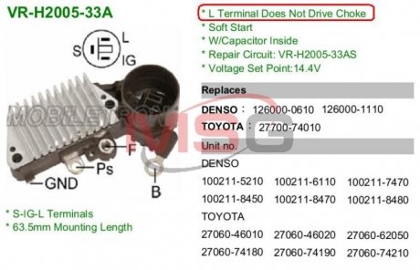 Регулятор напряжения генератора Toyota Carina, Camry, Celica, Jeep Cherokee, Grand Cherokee, Chrysler Voyager, Jeep Wrangler MOBILETRON vrh200533a