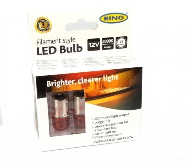 Автомобильная лампа RY10W 12V 10W BAU15s Filament LED (2000K/75 lm/3x Long Life) Amber (2шт.) Ring rw589afsled