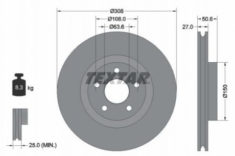 Диск гальмівний (передній) Ford Focus 1.0/1.5 EcoBoost/2.0 EcoBlue 18- (308x27) PRO Ford Focus TEXTAR 92306703