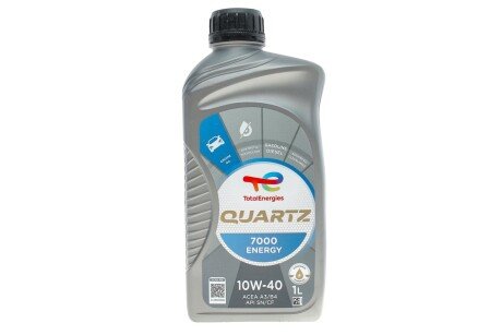 Олива 10W40 Quartz 7000 Energy (1л) (MB229.1/VW505.00) (201535/167637) BMW E30, E36, Alfa Romeo 33, BMW E34, E23, E32, E31, Ford Fiesta, Mercedes W124, Opel Corsa, Kadett, Ascona TOTAL 214112