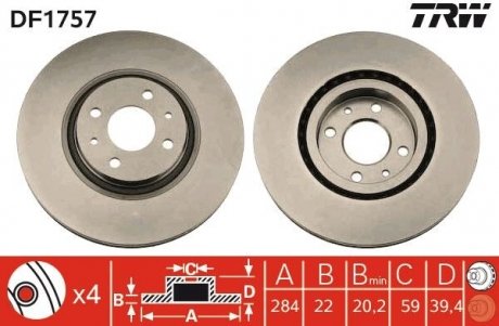 A_Диск тормозной (1 шт.).) ALFA ROMEO - FIAT - LANCIA 145/146/155/Coupe/Multipla/Multipla Van/Punt TRW df1757