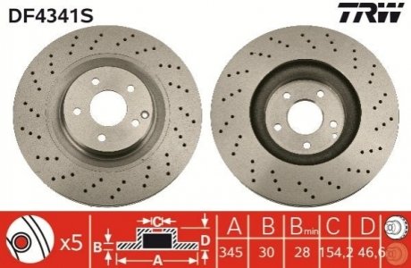 Купить Тормозной диск Mercedes W203, S203, CLK-Class TRW df4341s (фото1) подбор по VIN коду, цена 3597 грн.