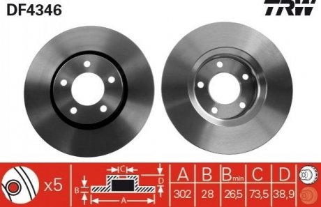 Купить Диск тормозной Chrysler Voyager, Dodge Caravan TRW df4346 (фото1) подбор по VIN коду, цена 2046 грн.