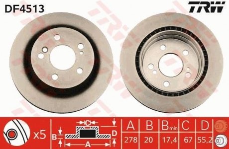 Диск тормозной (1 шт.).) MERCEDES C(W203)/E(S124)/SLK(R171) "R D=278mm "89-11 TRW df4513