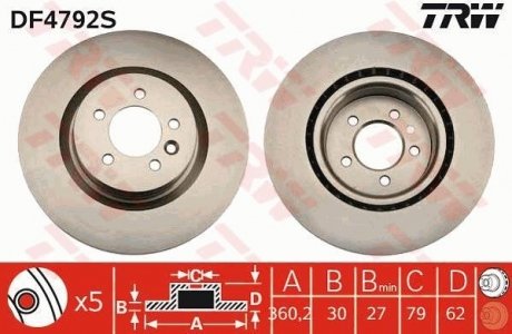 Купить Диск тормозной Land Rover Discovery, Range Rover TRW df4792s (фото1) подбор по VIN коду, цена 4586 грн.