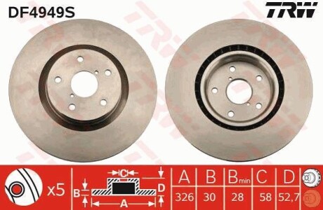 Купить Гальмівний диск Subaru Impreza TRW df4949s (фото1) подбор по VIN коду, цена 3317 грн.