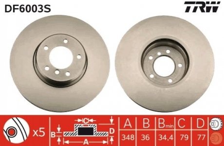 Купить Диск тормозной BMW E60, E61, E64, E63 TRW df6003s (фото1) подбор по VIN коду, цена 8074 грн.