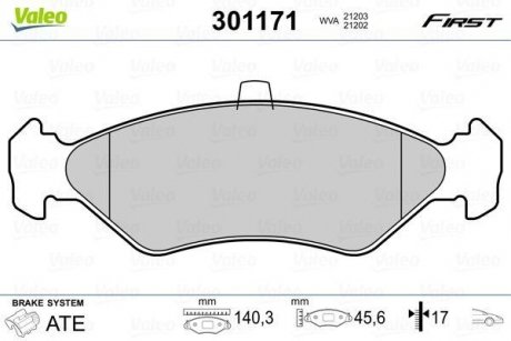 Тормозные колодки дисковые FORD Fiesta "1,0-1,8 "F "89-08 Ford Fiesta, KA Valeo 301171