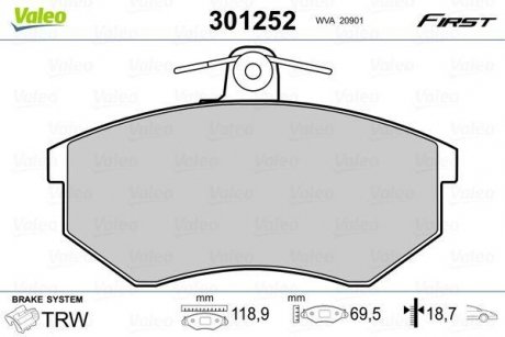 Тормозные колодки дисковые SEAT/VW Cordoba/Ibiza/Toledo/Caddy/Golf/Passat/Vento "1,4-2,9 "F "88-04 Valeo 301252