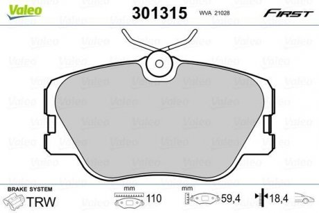 Тормозные колодки дисковые MERCEDES Coupe/E-Class/Kombi "2,0-3,0 "F "84-98 Valeo 301315