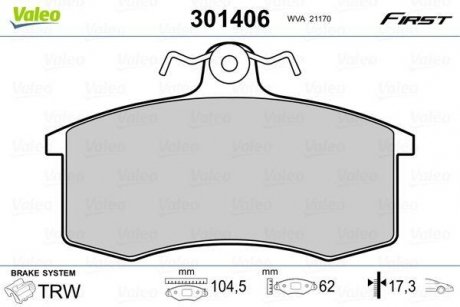 Тормозные колодки дисковые LADA Samara "1,1-1,5 "F "86-06 Lada 2108, Priora, 2110, Kalina Valeo 301406