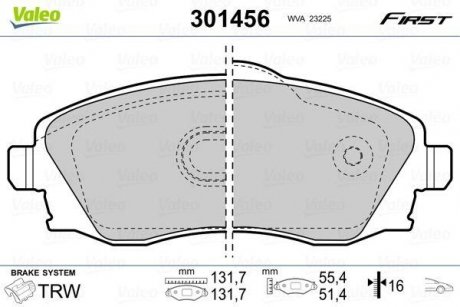 Тормозные колодки дисковые OPEL Combo/CorsaC/Meriva/Tigra "1,0-1,8 "F "00-10 Valeo 301456