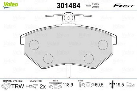 Купить Тормозные колодки дисковые VAG A4/Exeo/Passat "1,6-2,0 "F "94>> Audi A4, Volkswagen Passat Valeo 301484 (фото1) подбор по VIN коду, цена 1073 грн.